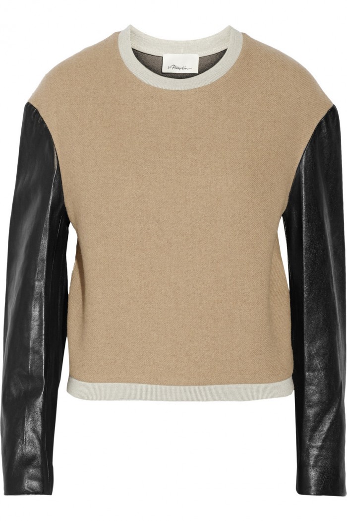 Leather-sleeved wool-blend sweater from Phillip Lim on sale