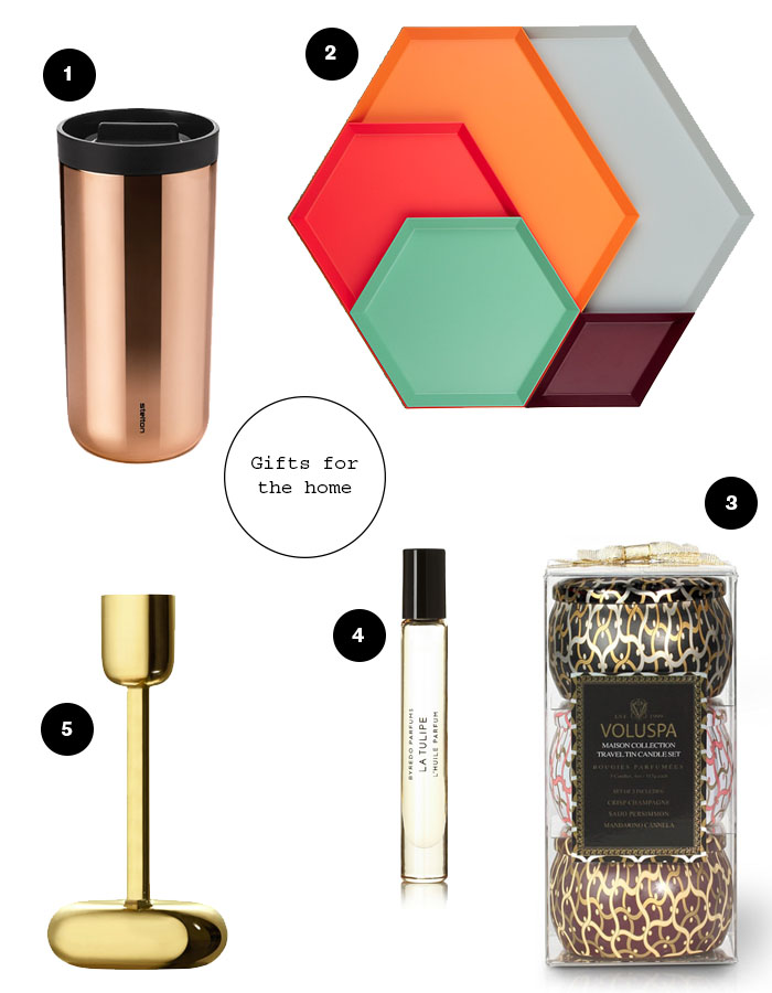 Gift guide for the home: hay trays, stelton mug, iittala lightholder, byredo perfume, voluspa fragrance candles