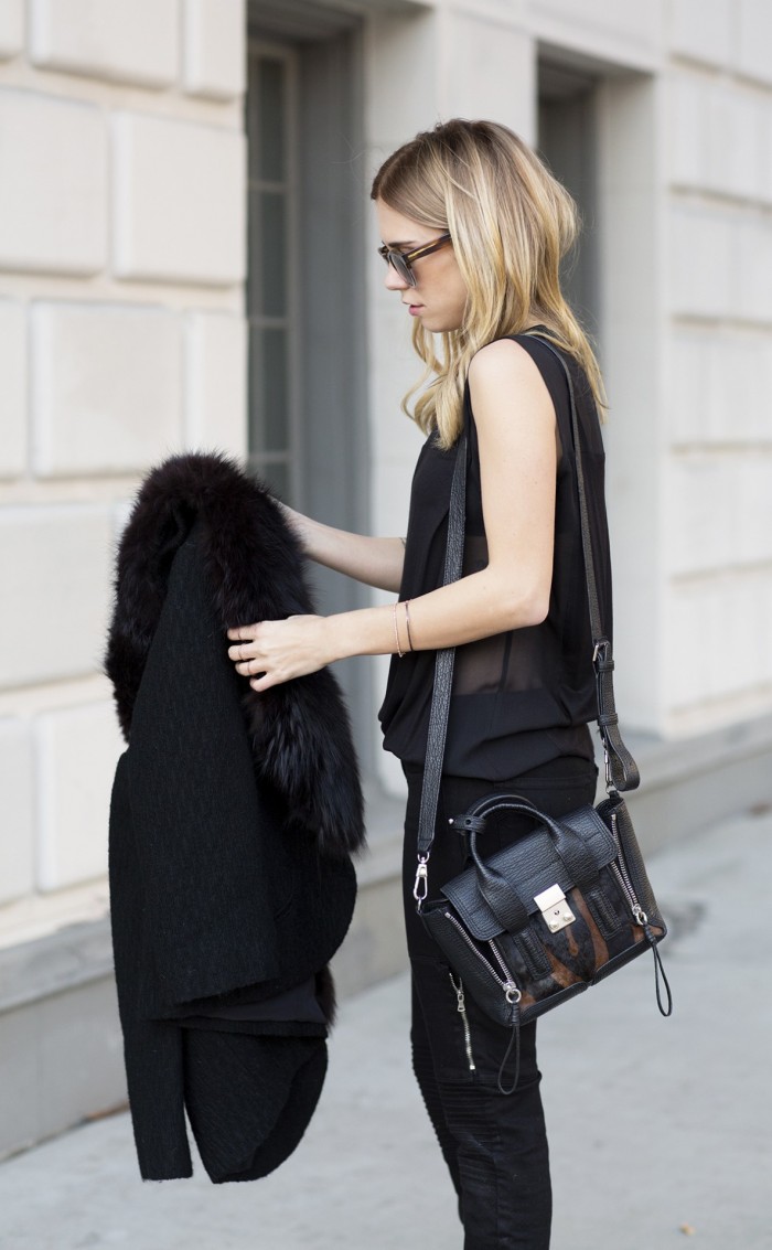 Black oufit on fashionista with 3.1 Philip Lim bag