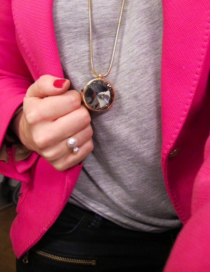 Hot pink blazer with Zen Amulet necklace and double pearl ring from Tiffanys Darlings