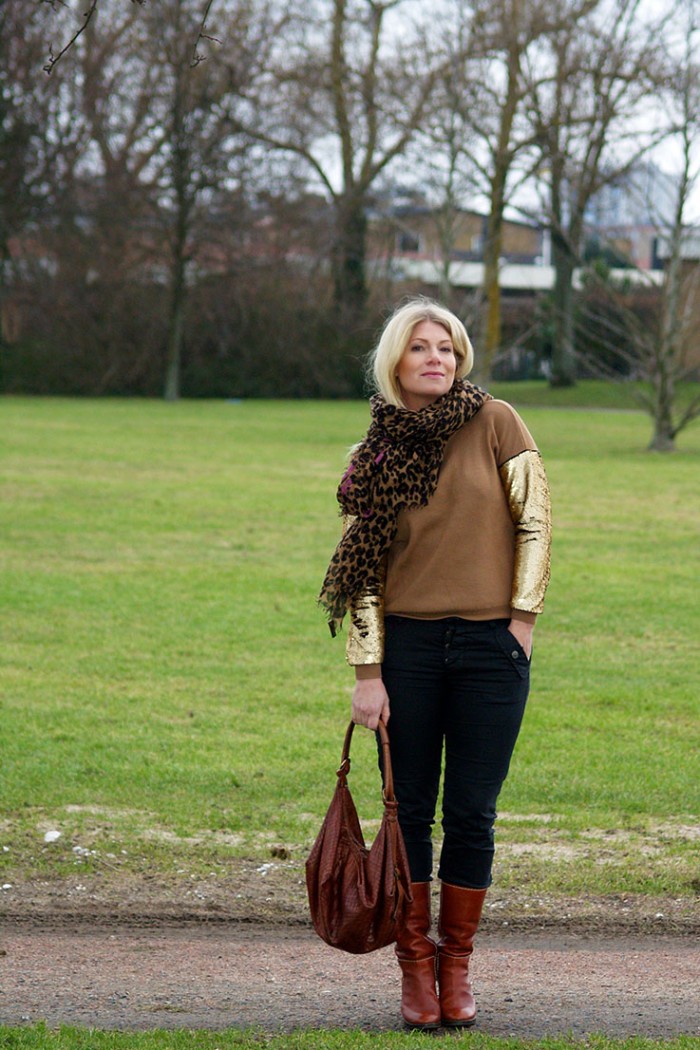 Camel knit with gold sequin arms, brown bag and boots