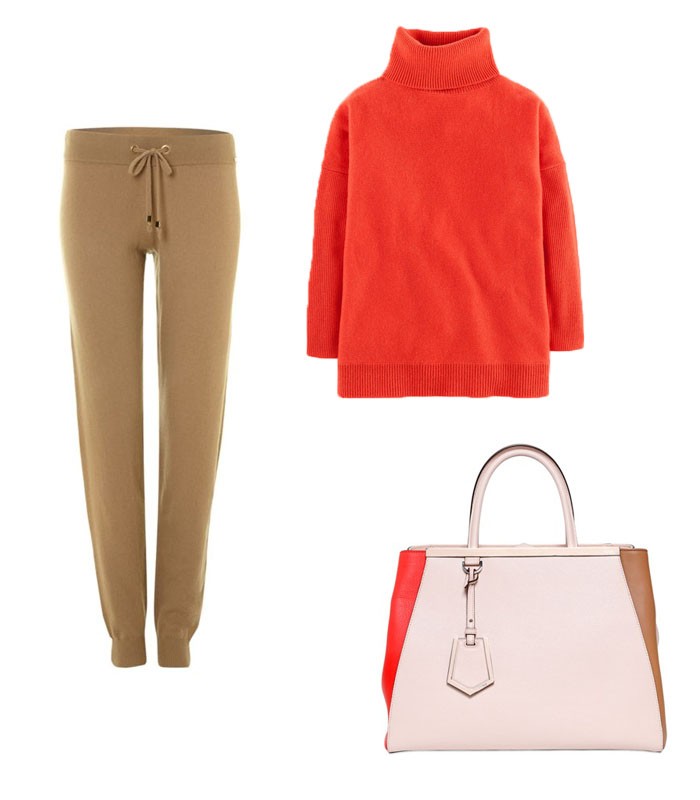 Fendi 2jours color block leather bag with a bright red cashmere sweater and knitted pants from Michael Kors