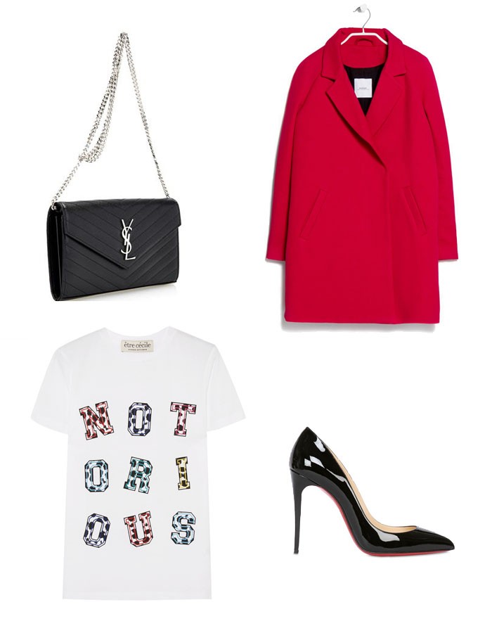 Red Mango coat with a Notorious tee from Etre Cecile, Christian Louboutin patent pumps and a Saint Laurent bag