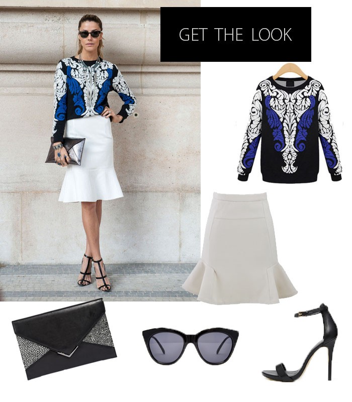 Shop the look: embroidered knit, white skater skirt, clutch and cat eyes sunglasses