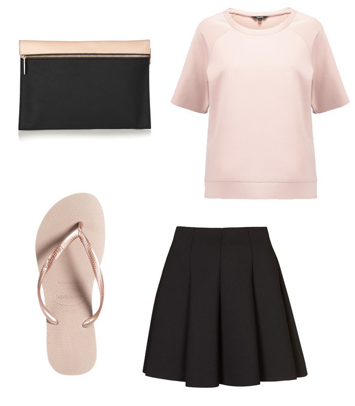 Blush and black bag by Victoria Beckham, Scuba skater skirt, blush top and rose gold havaianas