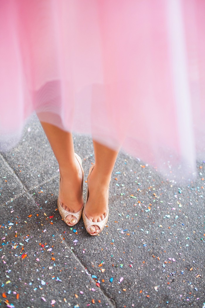 Pink tulle skirt with sparkling peeptoe Louboutins