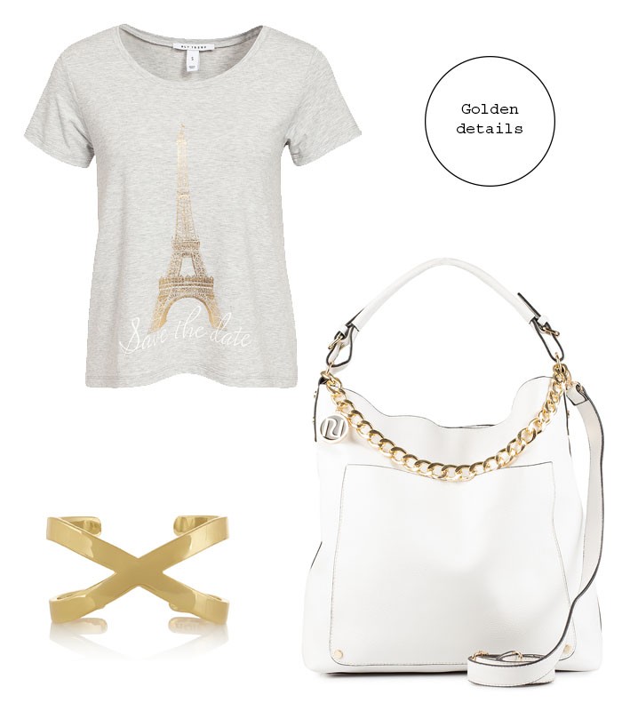 White bag with gold chain, golden bracelet and t-shirt with Eiffel Tower in gold