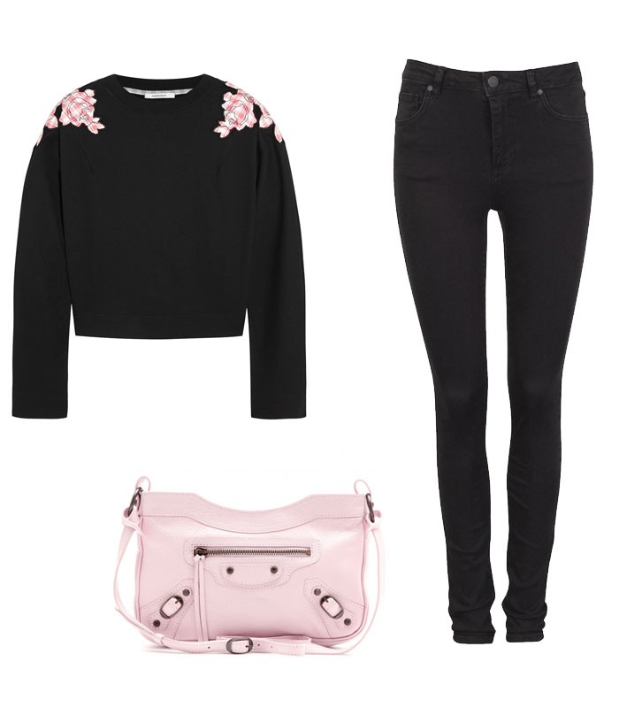 Carven floral applique sweatshirt, high waist jeans from cubus and a pink balenciaga crossover clutch