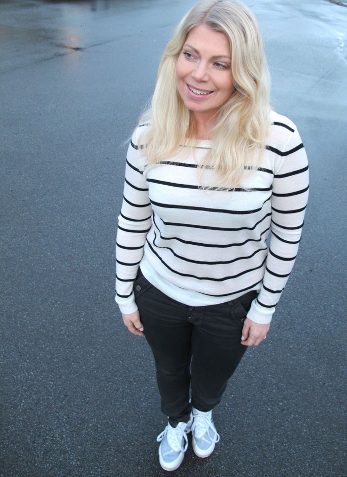 Denim Hunter jeans Stella McCartney for Adidas sneakers, Six Ames striped sweater