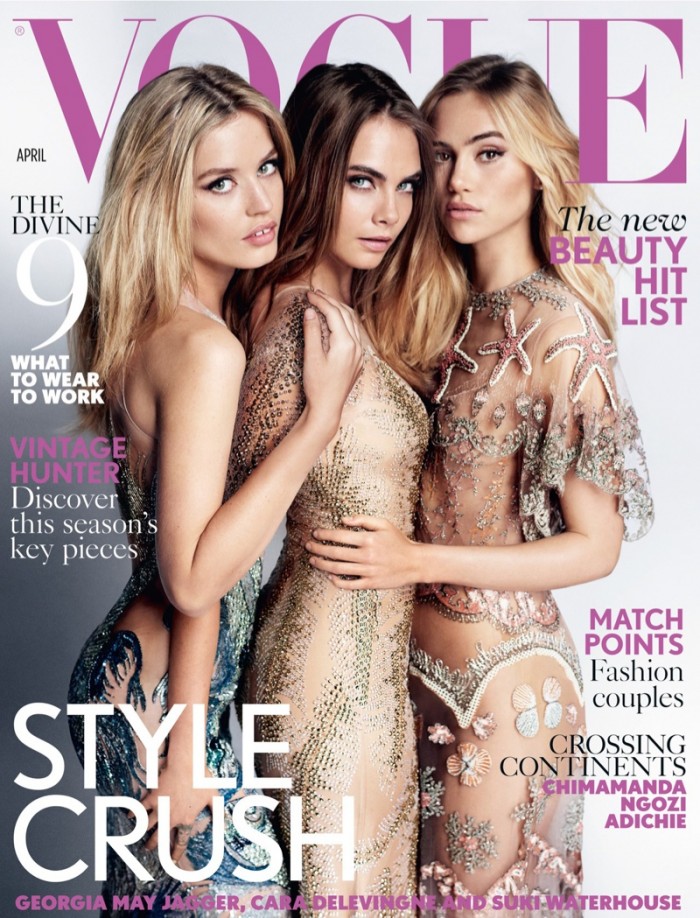 Vogue UK cover with georgia may jagger, cara delevingne and Suki Waterhouse in sequins