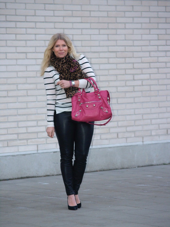 faux leather leggings, striped knit louis vuitton leopard scarf and balenciaga bag