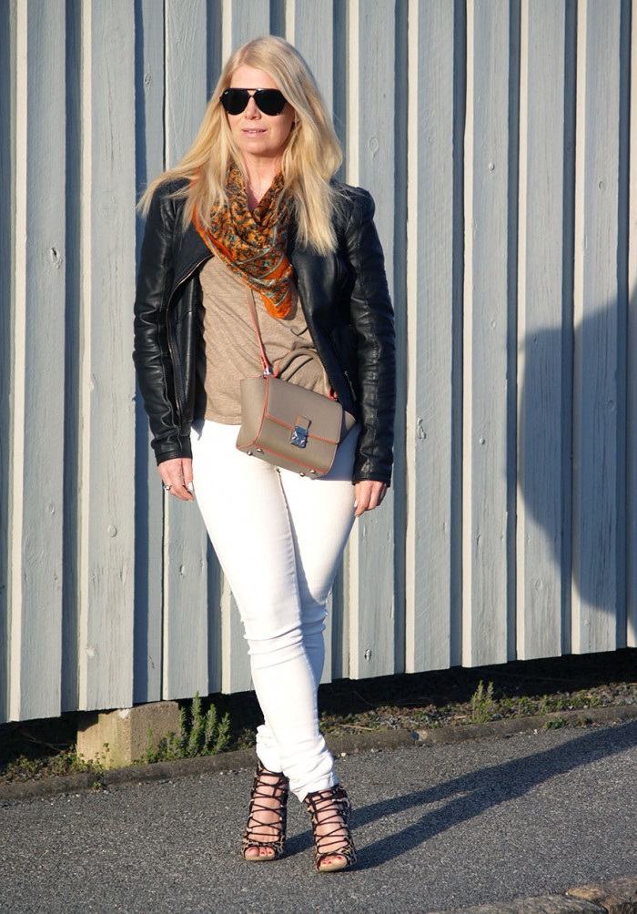 beige, white and orange outfit