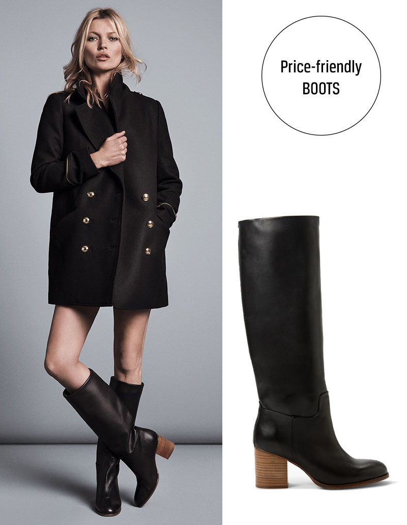 Kate Moss in knee-high leather boots and jacket from mango