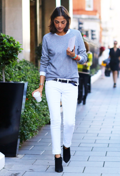 white jeans and sweatshirt street style
