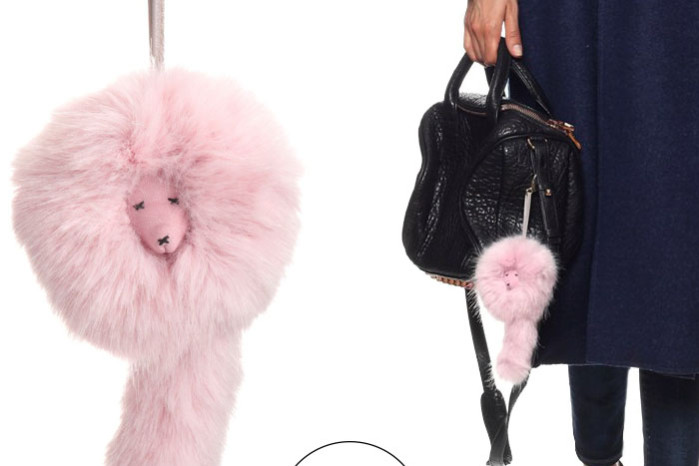 A pink furry keyring to hang on your bag