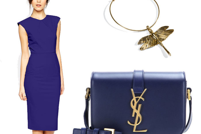 Blue classic dress with Saint Laurent monogramme universite bag and gold dragonfly necklace from ioaku