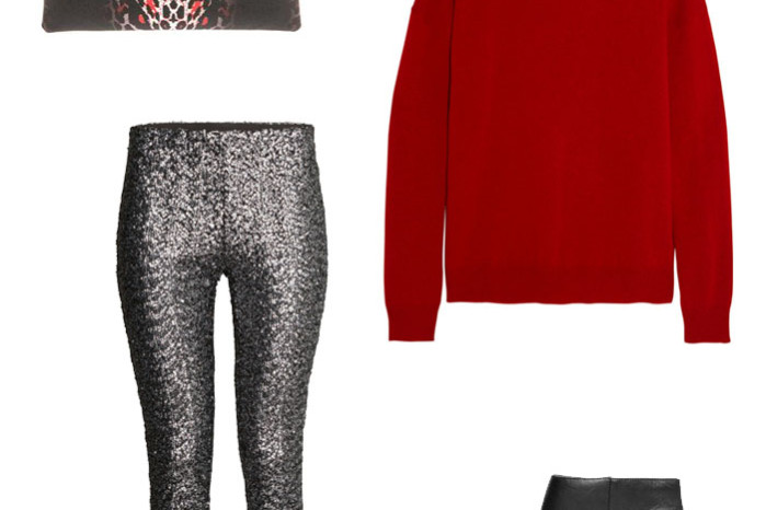 Holiday outfit with hm sequin pants alexander mcqueen leopard clutch theory cashmere red sweater mango leather boots