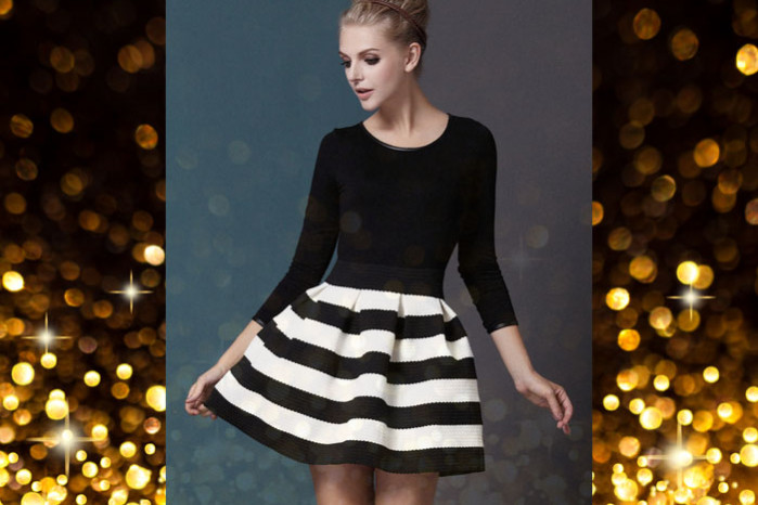 Black White Striped Three Quarter Length Sleeve Striped Dress from Sheinside