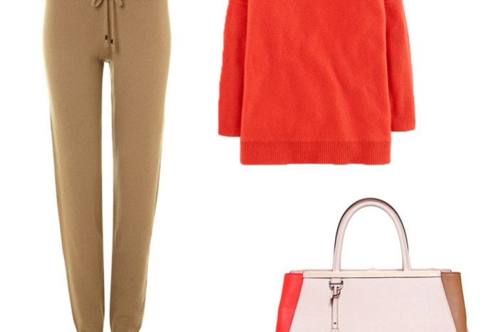 Fendi 2jours color block leather bag with a bright red cashmere sweater and knitted pants from Michael Kors
