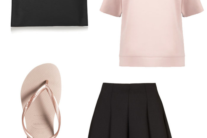 Blush and black bag by Victoria Beckham, Scuba skater skirt, blush top and rose gold havaianas