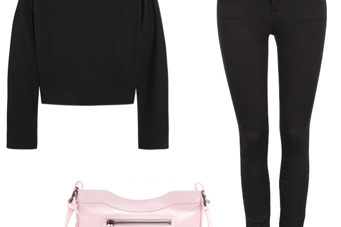 Carven floral applique sweatshirt, high waist jeans from cubus and a pink balenciaga crossover clutch