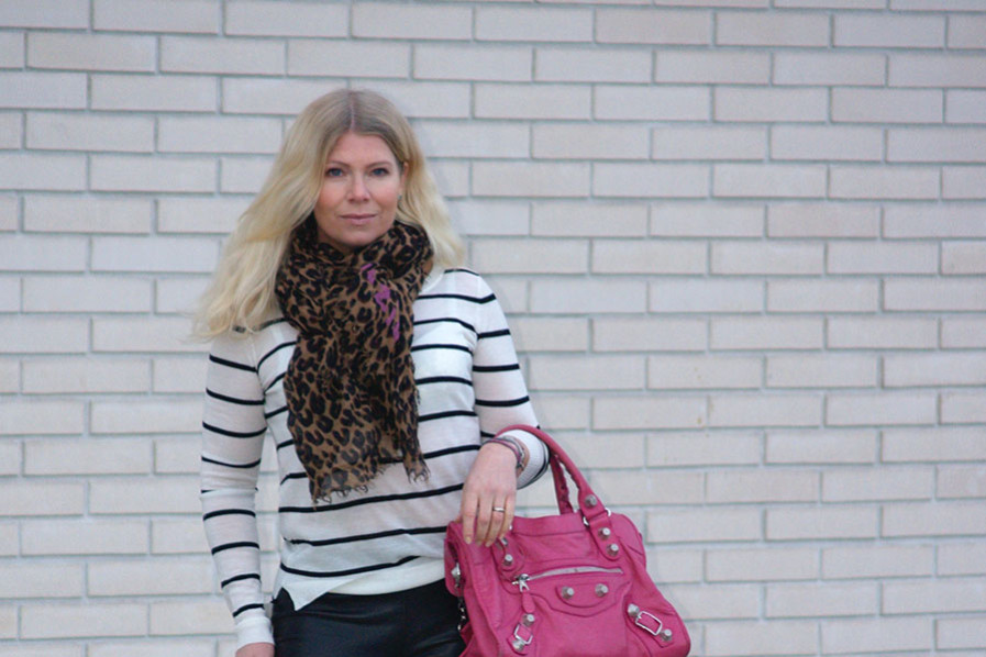 Louis Vuitton leopard scarf, six ames striped knit, pink Balenciaga Giant City