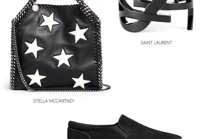 stella mccartney star bag, ysl cuff in black, hm suede sneakers